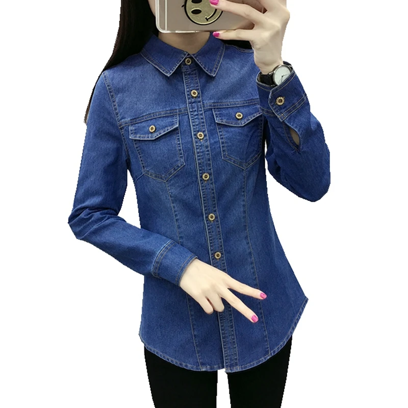 Fashion Spring Autumn women cotton pocket Turn-down Collar full-sleeve blouse Single Breasted blue Denim shirt casual tops