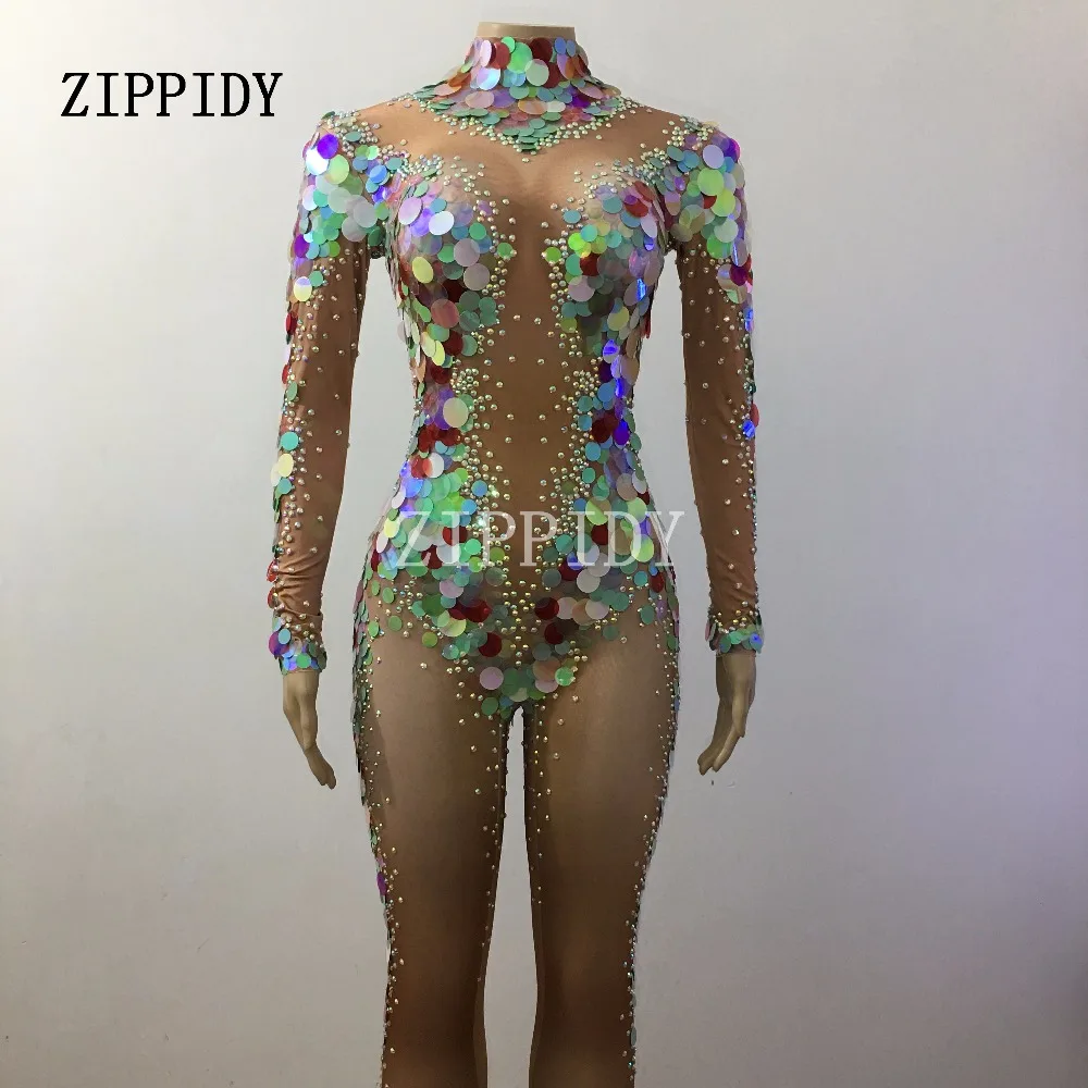 Multicolor Sequins Rhinestones Mermaid Rompers Leggings Crystals Women Costumes Celebrate Stretch Jumpsuit Singer Dancer Clothes