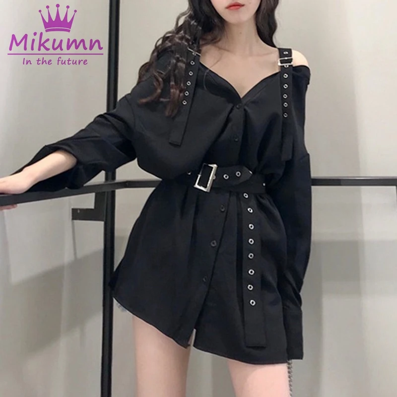Mikumn, женское платье, Harajuku, готические, черные платья, корейский стиль, модные, прямые, с поясом, на пуговицах, повседневные, простые, в стиле панк, женские сексуальные платья