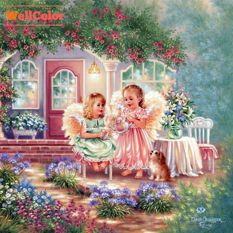 5D Алмазная мозаика два ангела и собака в саду вышивка картина наборы крестиков 3D