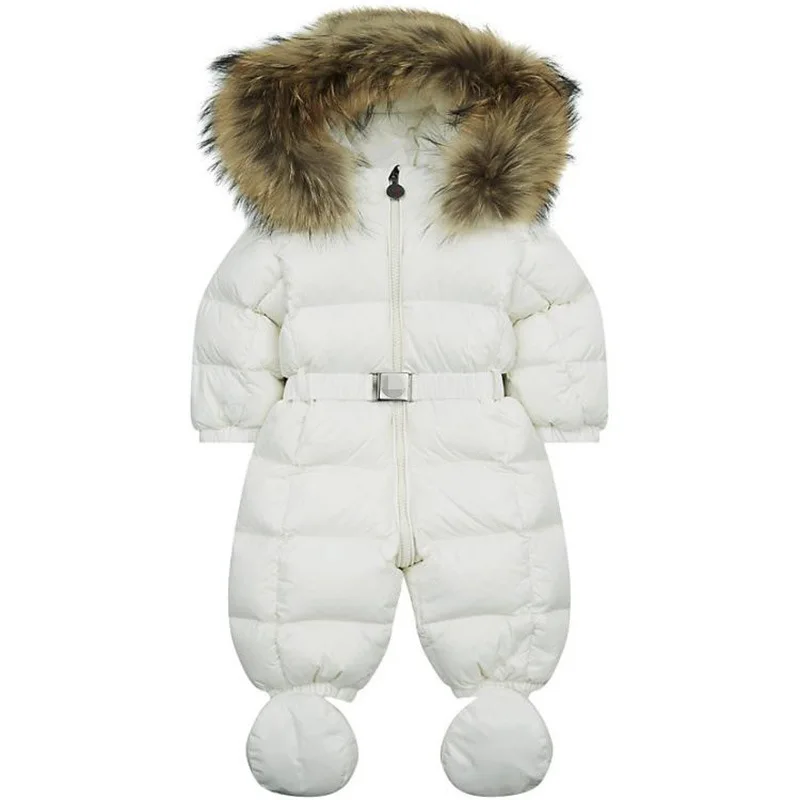 

Winter baby snowsuit newborn warm duck down 100% Real Raccoon fur hooded jumpsuit infant baby girls boys Bodysuits