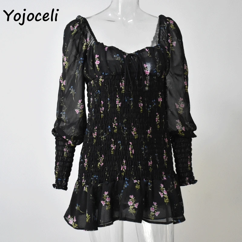 black Yojoceli, лето, Дворцовое Цветочное платье для женщин, квадратный вырез, рукав-фонарик, мини-платье в стиле бохо, Пляжное Платье - Цвет: black