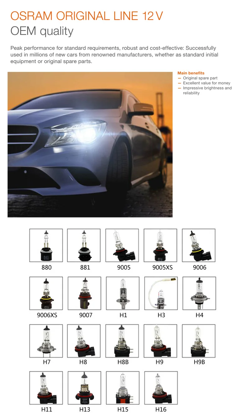 Лампа Ксеноновая OSRAM H1 H3 H4 H7 H8 H9 H11 H13 H15 H16 9005 9006 9007 9008 880 881 H8B H9B H11B HB3 HB4 Автомобильные фары противотуманные лампы авто лампы, 1X