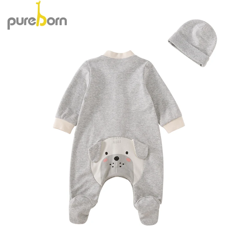 grey footies and hat Pureborn/Одежда для новорожденных; унисекс; одежда для малышей; носки с изображением животных из мультфильма+ шапочка для маленьких девочек и мальчиков; хлопковая одежда для сна и игр - Цвет: grey footies and hat