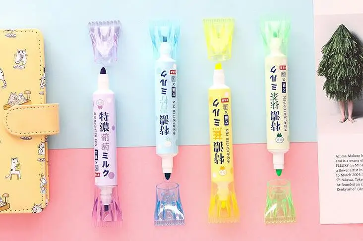 1 Pcs Kawaii Japanese Style Candy Highlighter Pens Double Headed Hilighter Scribble Cute Liquid Pastel Chalk Mark Art Stationery