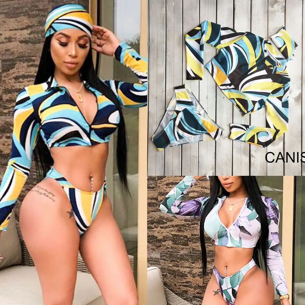 Сексуальный женский комплект бикини с длинным рукавом Цветочный на молнии