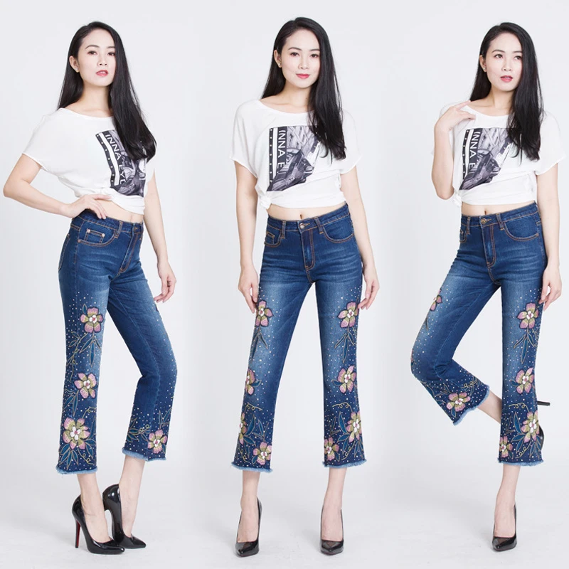 Брендовые вышитые брюки 2019 женские джинсы ручной работы с высокой талией