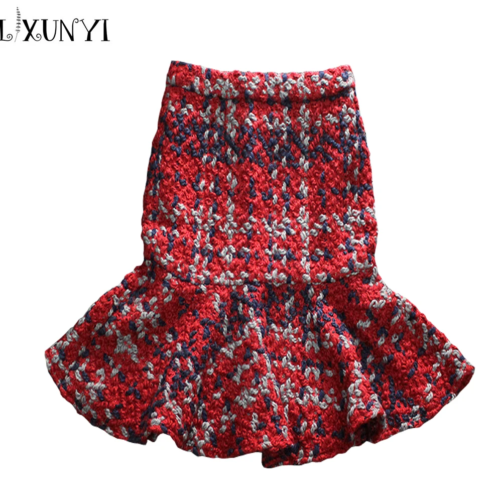 Женская твидовая юбка средней длины утолщенная облегающая клетчатая с высокой