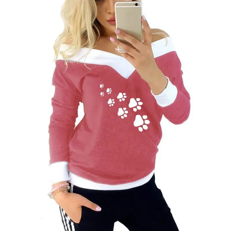 

New Fashion Cat Dog Paw Animal Print V-Neck Strapless T-Shirt For Women Top T-Shirt Female Women Cropped Funny Cotton
