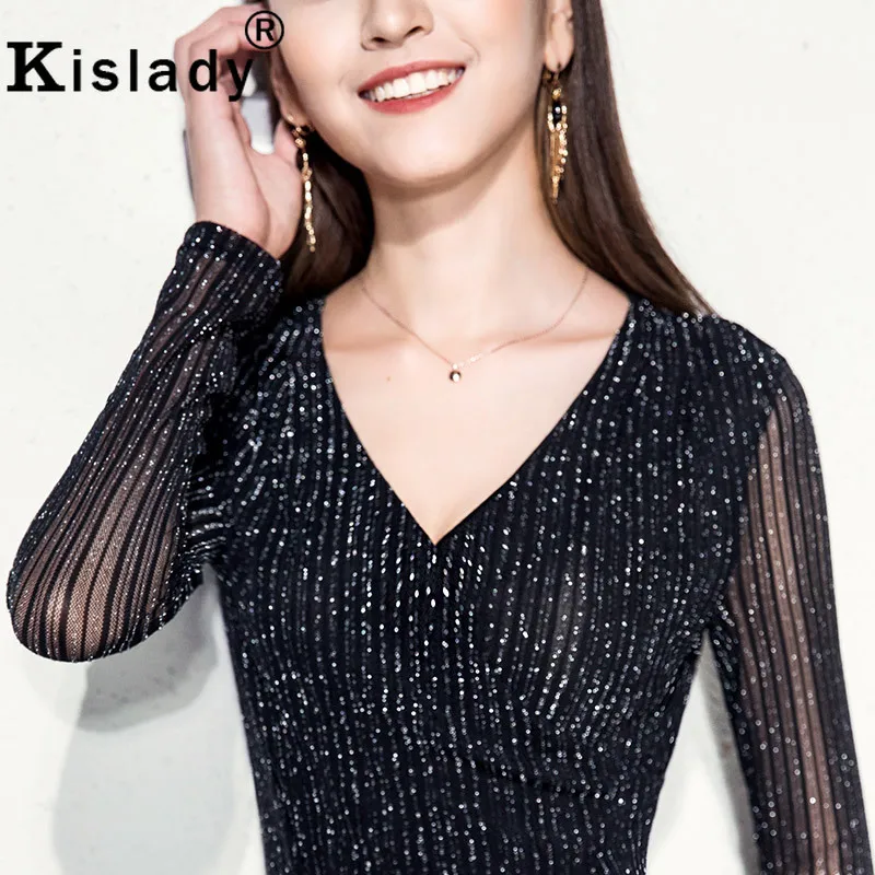 Kislady Shining Fitness Shirts Women Sexy V-neck Tops Bright Silk Screen Bottoming Shirt Female Long Sleeves Plus Size Tshirt