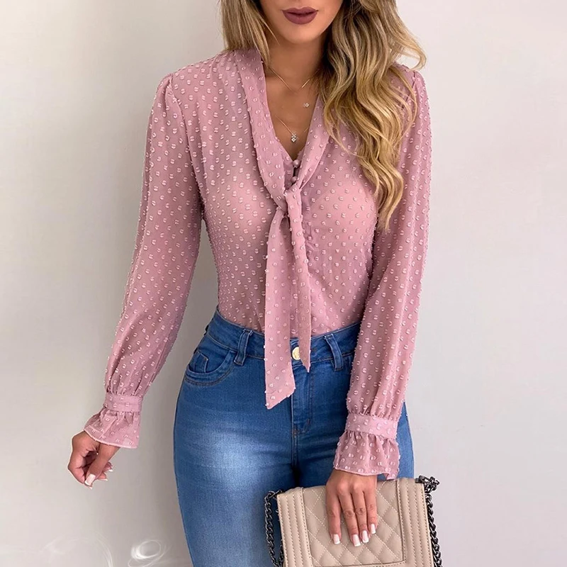 Рубашка с длинными рукавами и пуговицами в горошек лето 2019 Женская деловая