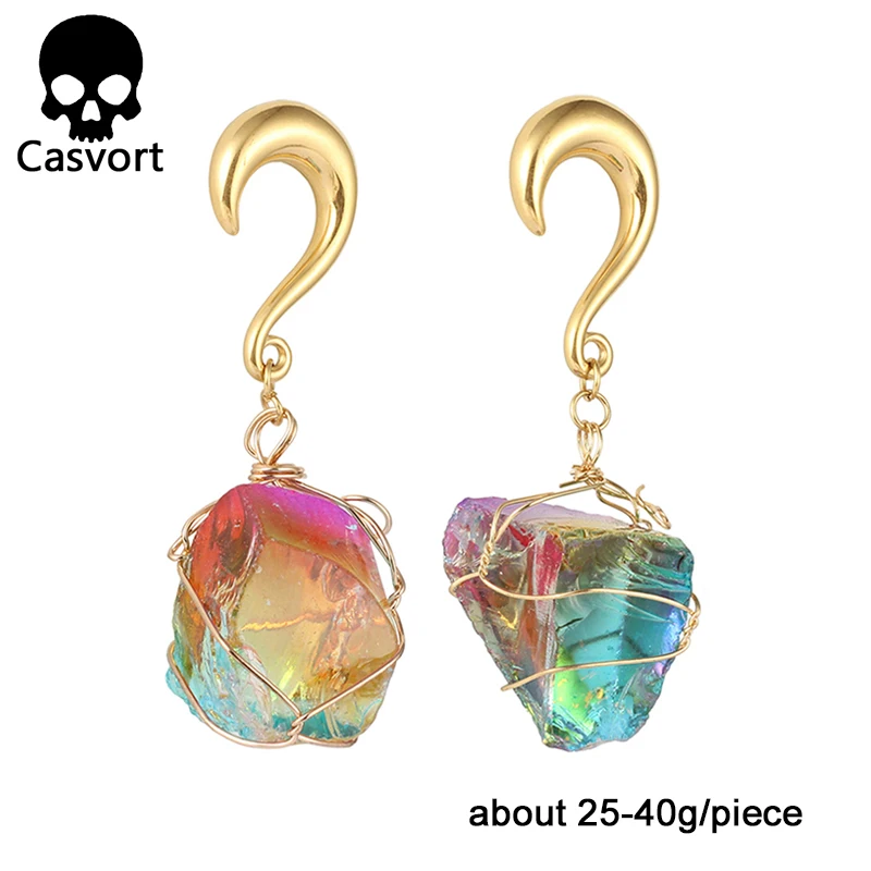 Casvort 2 шт., Новое поступление, нерегулярный натуральный камень, беруши, болтаются, тоннель для ушей, нержавеющая сталь, золото, ушной крючок, пирсинг