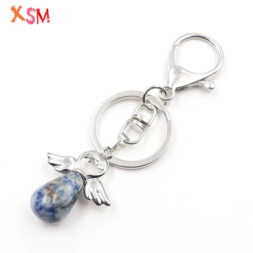 Blue veins Stone XSM натуральный камень брелки аметисты Роза кварца Белый Рок Кристалл Подвески Крылья Ангела капли воды Висячие брелки - Color: Blue veins Stone