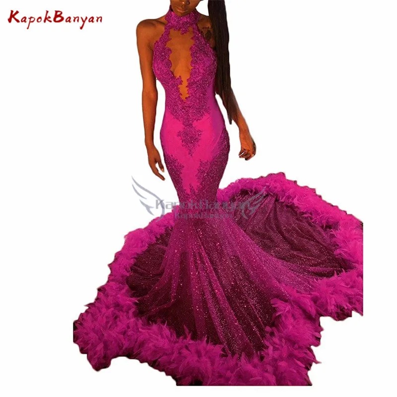 Hot Pink Красная Аппликация Холтер сексуальное длинное Русалка платье для выпускного бала без рукавов с открытой спиной перо поезд роскошное платье для выпускного вечера - Цвет: Hot Pink