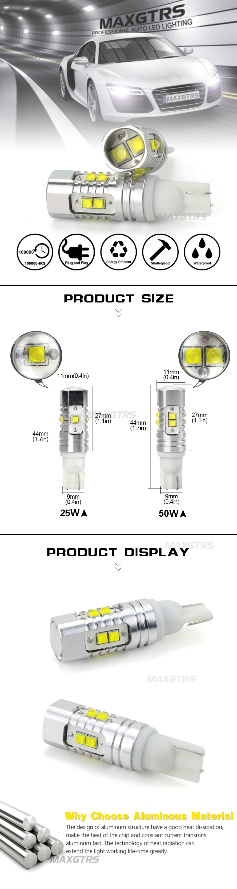 2x T10 194 W5W CREE чип Led белый/желтый 25 Вт 50 Вт с Линь проектор алюминиевый корпус лампы DRL Автомобильный интерьер обратный источник света