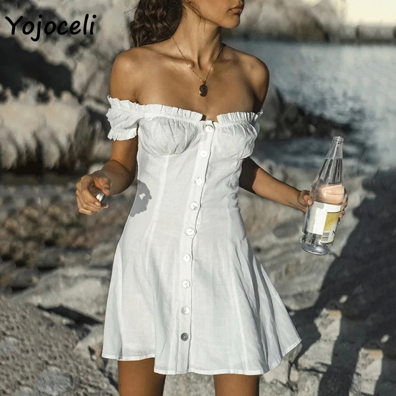 Yojoceli/2019 летнее плиссированное платье с открытыми плечами женское мини на