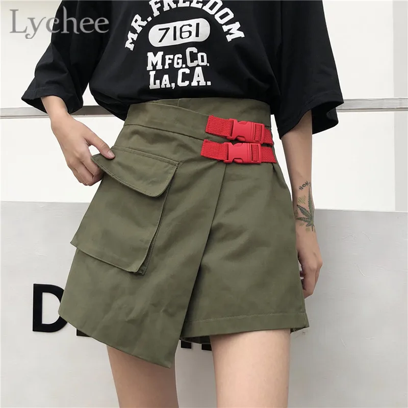 Army Green Lychee японский стиль нерегулярные Карманные женские шорты с пряжкой выше колена ремень Высокая талия Свободные Женские карго шорты - Цвет: Army Green