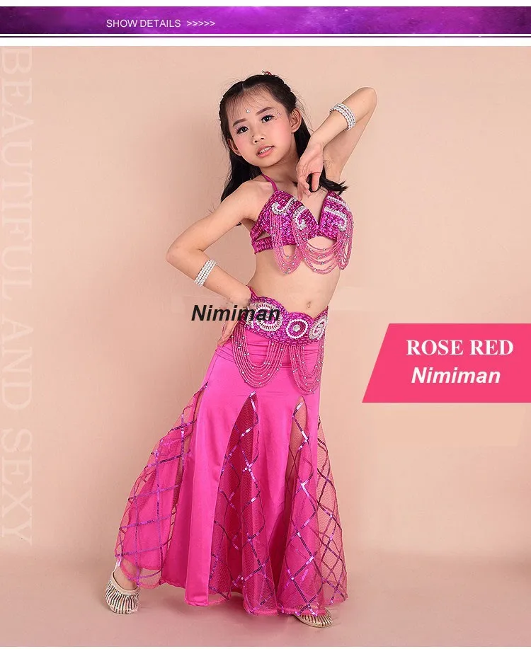 rose Дизайн, Детский костюм для танца живота, комплект из 3 предметов, 2 предмета, индийский Детский костюм для танца живота, бюстгальтер, пояс и юбка, распродажа - Цвет: rose