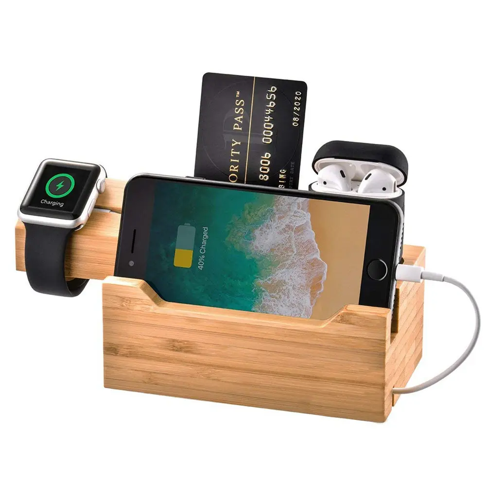 

3 in 1 Bamboo Wood Charging Dock Station Stand Holder for Apple Watch Charging Dock Station Charger Stand Holder for iPhone 5s 6