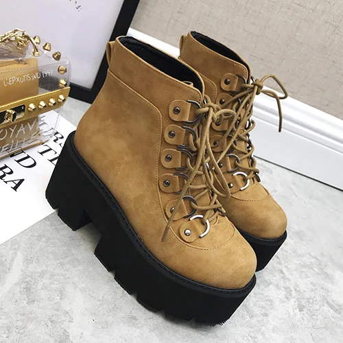 brown shoes Gdgydh/ г., новые ботильоны женские мотоциклетные ботинки на шнуровке Повседневная обувь на квадратном каблуке осенние кожаные полусапожки на платформе и каблуке - Цвет: brown shoes