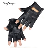 long keeper men genuine leather gloves high quality slip resistant luvas half finger sheep leather fingerless gloves gants moto