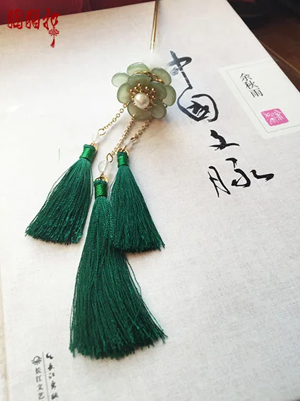Зеленая палочка для волос из кроличьего меха tassel Hanfu костюм аксессуары серьги