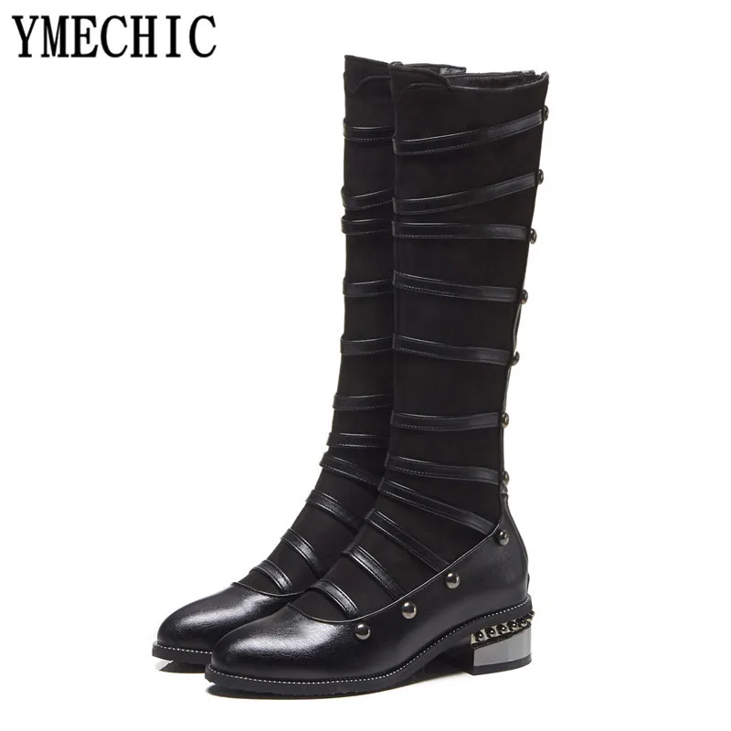 Женские сапоги гладиаторы до колена YMECHIC 2018 черные коричневые из флока на среднем