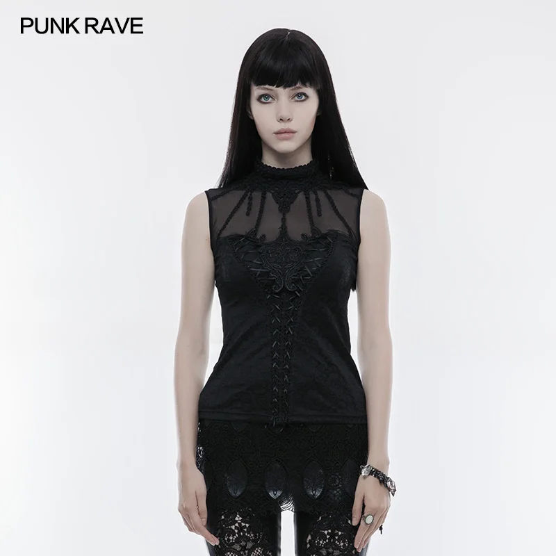 PUNK RAVE 2018 New Arrivals Women Sleeveless T-Shirt Gothic Gorgeous Fringed Lace Collar Draw String T-shirt | Женская одежда