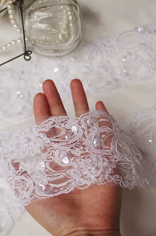 

5 yards White Alencon Lace Trim With Pearl And Sequins CG090B