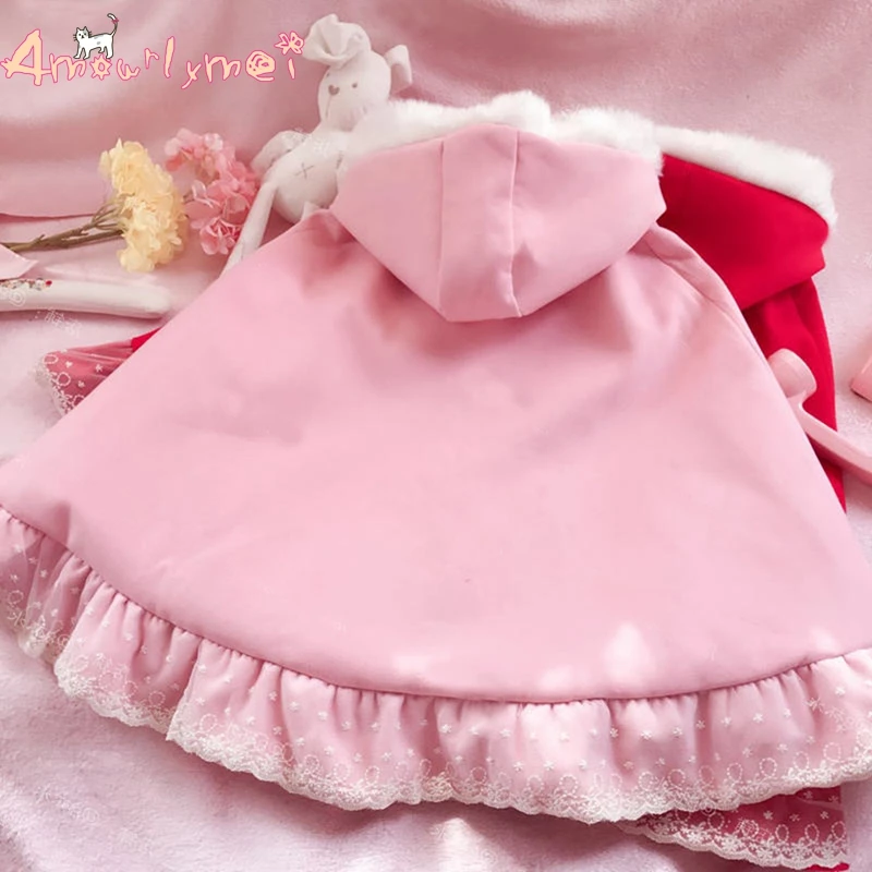 Amourlymei, зимняя женская куртка, японский стиль, Mori Girl, Лолита, милый бант, кружево, с капюшоном, повседневный свободный шерстяной плащ, верхняя одежда, пальто
