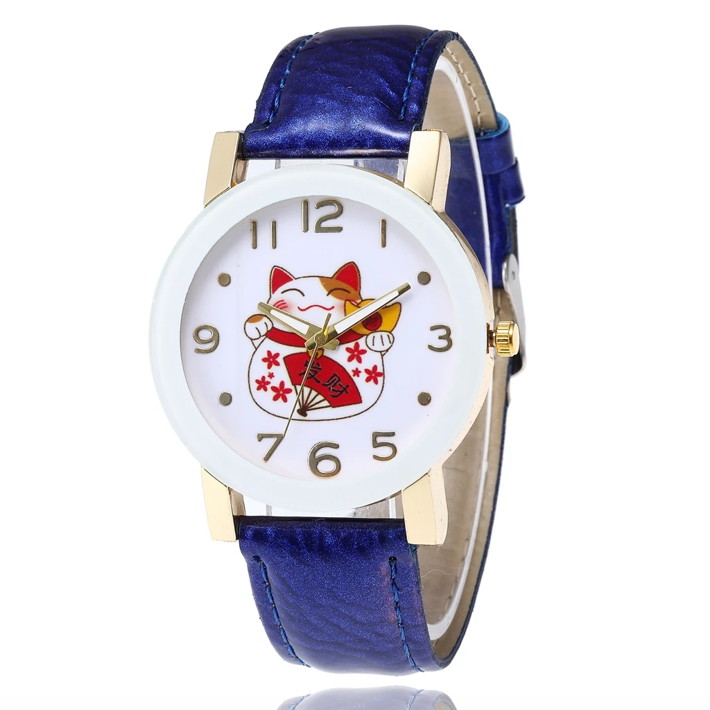 Chinese Style Women Watches Cute Cartoon Lucky Cat Pattern Leather Strap Wrist Watches for Women Quartz Watch Relojes Para Mujer