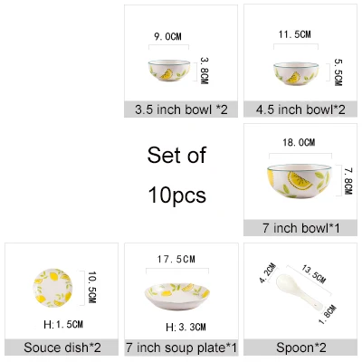 10pcs Новое поступление, креативные фарфоровые тарелки с лимонным рисунком, 18 шт., 28 шт., 58 шт., столовые миски, палочки для еды, тарелки, ложка, набор посуды - Цвет: 10pcs