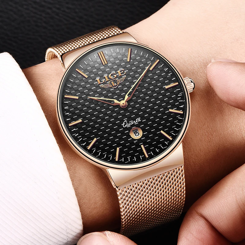 Mens Watches Top Brand Luxury LIGE Waterproof Ultra Thin Date Clock Male Steel Strap Casual Quartz Watch Men Sports Wrist | Наручные часы