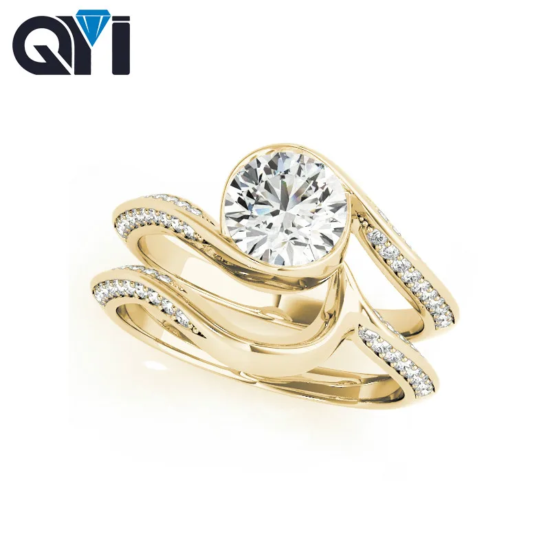 QYI 1ct Solitaire Solid 14K желтое золото набор обручальных колец Круглый вырез Имитация