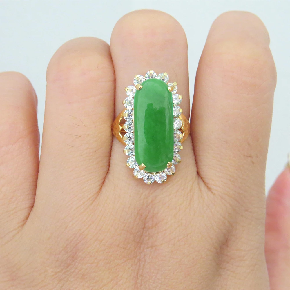 Женское Обручальное кольцо 14 к из натурального зеленого нефрита и белого