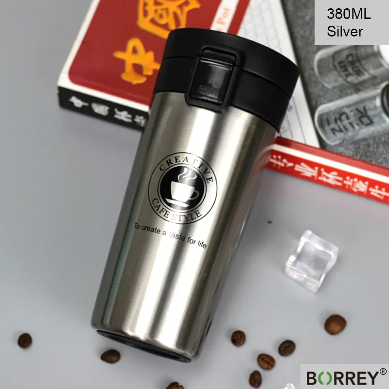 Silver BORREY термос кофейная чашка с двойными стенками вакуумная Изолированная дорожная кофейная кружка из нержавеющей стали термо чашка бутылка для чая кофейная чашка-термос - Цвет: Silver