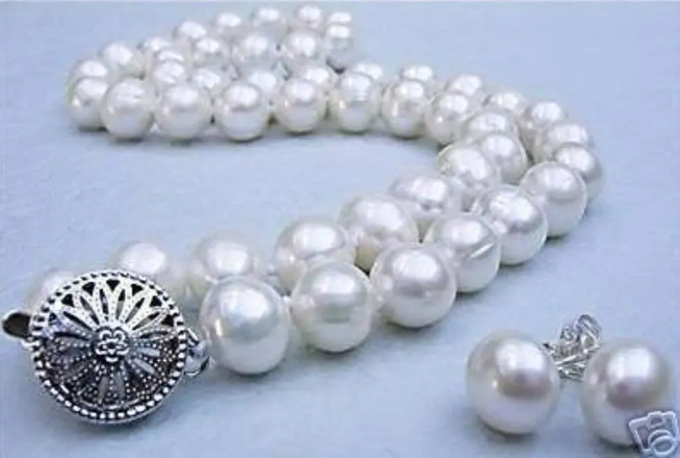 

New Natural 9-10mm White Freshwater Pearl Necklace earring Set