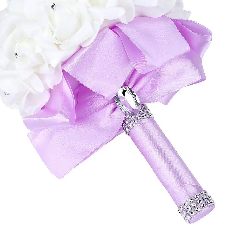 2019 Handmade Beautifu Lilac Bridal Bridesmaid Flower Wedding Bouquet Artificial Rose Ribbon Crystal Bouquets de noiva | Свадьбы и