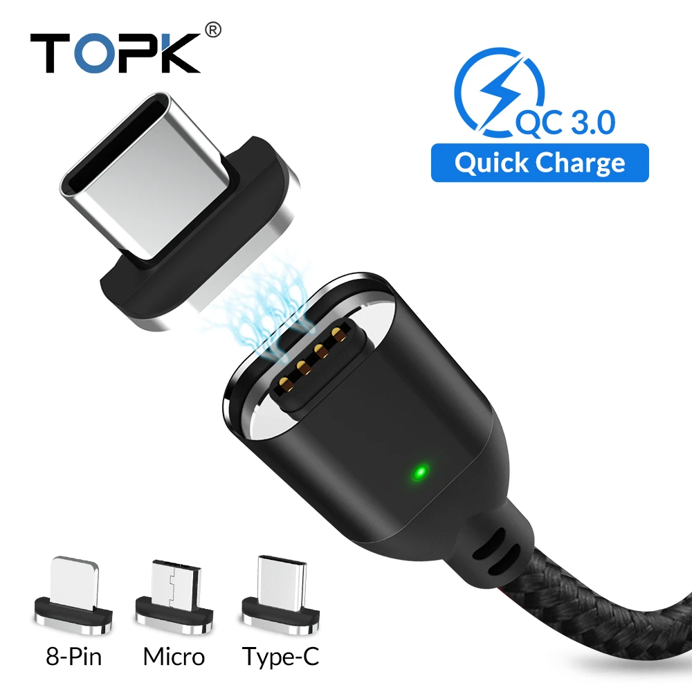 Магнитный кабель для быстрой зарядки TOPK 1M 3A iPhone Xs Max Xr 8 7 6 Plus Micro USB и type-C samsung Xiaomi huawei