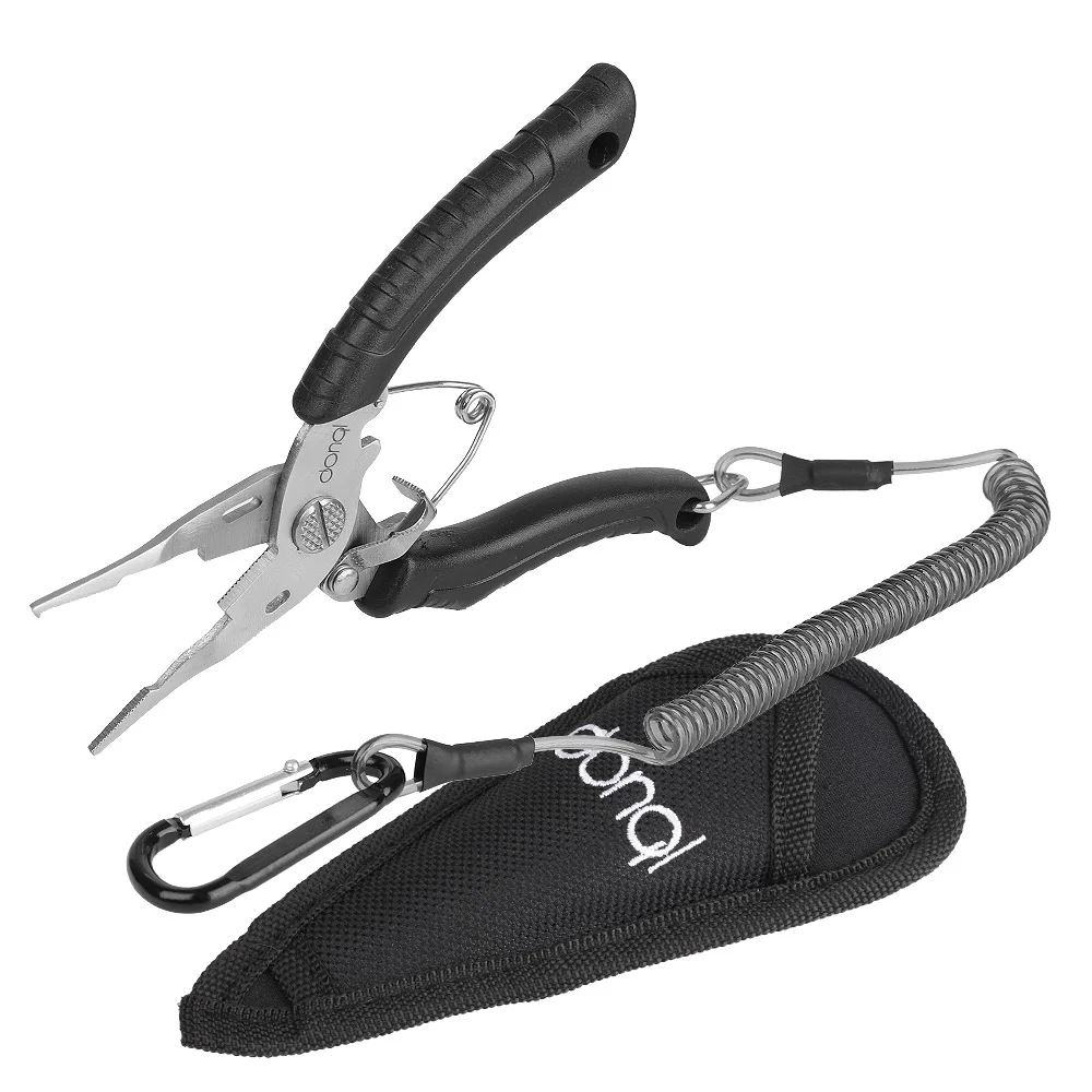 Black DONQL New Multifunctional Fishing Pliers Scissor Braid Line Lanyards Cutter Lure Hooks Remover Sheath& Retractable Tether - Color: Black