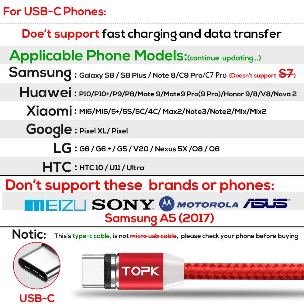 TOPK [5 Pack] R Line2 LED Магнитный кабель USB Type C для Samsung Galaxy Note 9 One Plus 6 зарядный