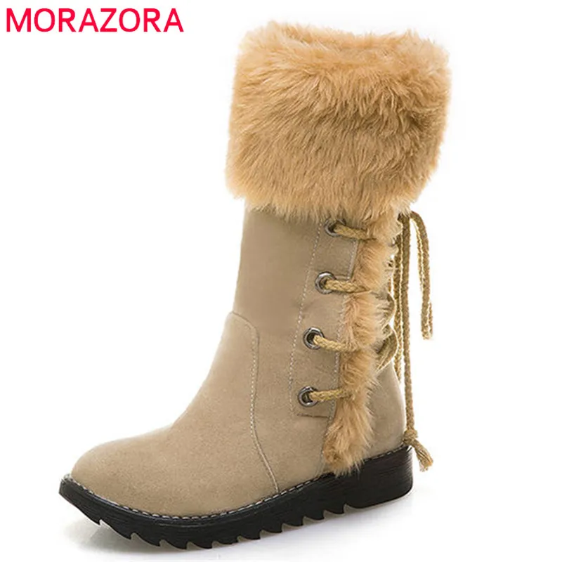 MORAZORA/2018 теплые зимние сапоги Женские из флока с круглым носком на платформе