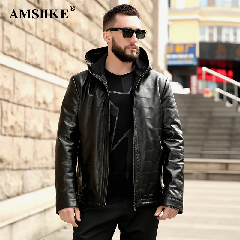 AMSIIKE 2017 Мужская кожаная куртка с капюшоном A16050|coat genuine leather|coats coatscoat hooded |