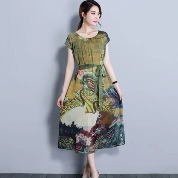 Платье женское шелковое с коротким рукавом и круглым вырезом большого