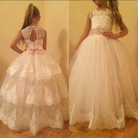 ivory white ball gown girls first communion dress beaded lace tiered tulle flower girls dresses pageant gown custom made