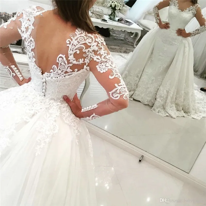 Wedding Dresses 2018 Mermaid with Train Illusion V Neck Long Sleeves Appliques Lace Saudi Arabic Gown Bridal | Свадьбы и торжества