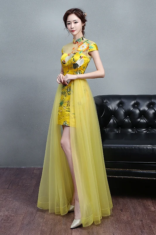 Цвет: желтый Китайский стиль свадебное длинное Cheongsam ретро сексуальное тонкое вечернее платье вечерние платья свадебное платье Qipao модная Дамская одежда Vestido фиолетовый - Цвет: Цвет: желтый
