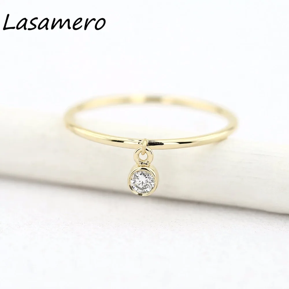 

LASAMERO Round Cut 0.05CT Natural Diamond 14k Yellow Gold Solitaire Dangling Charm Ring Delicate Luck Stack Ring Gift Ring 1pc