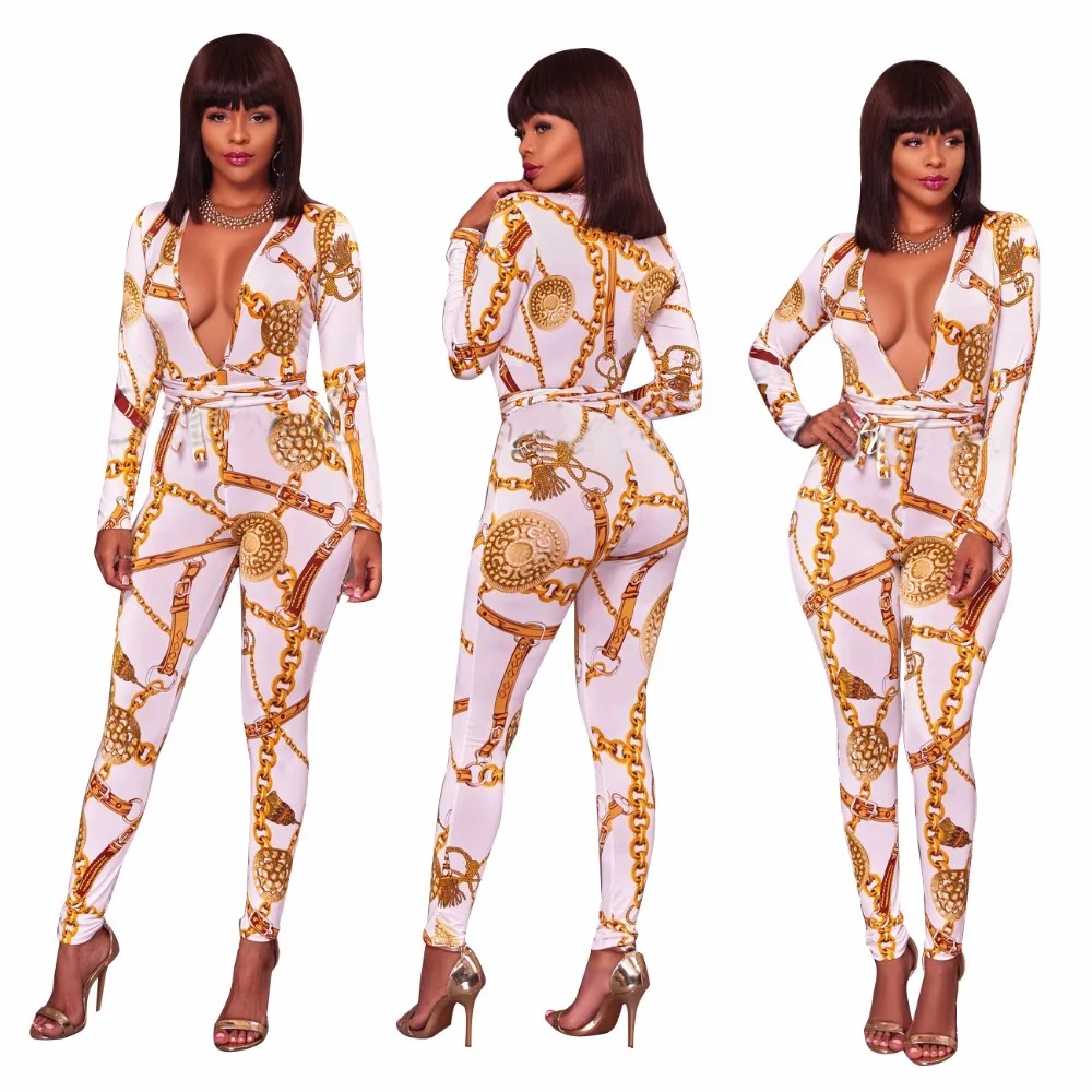 Женский комбинезон с цветочным принтом V образным вырезом и застежкой