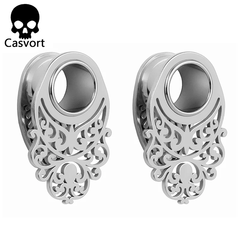 Casvort 2pcs Беруши Тоннели 316L нержавеющая сталь Висячие пирсинг серьги измерительные приборы ювелирные изделия с расширителем для тела пара - Окраска металла: silver